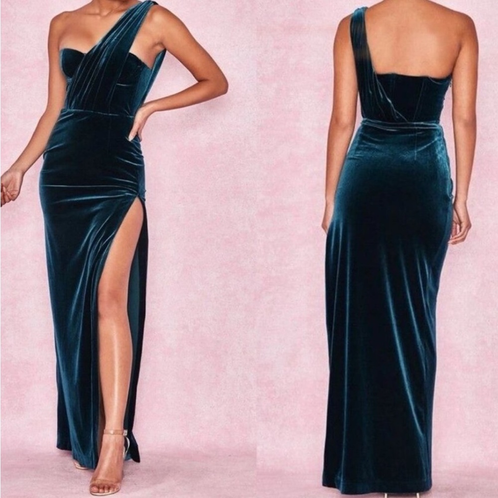House of CB Teal Velvet One-Shoulder Maxi Dress